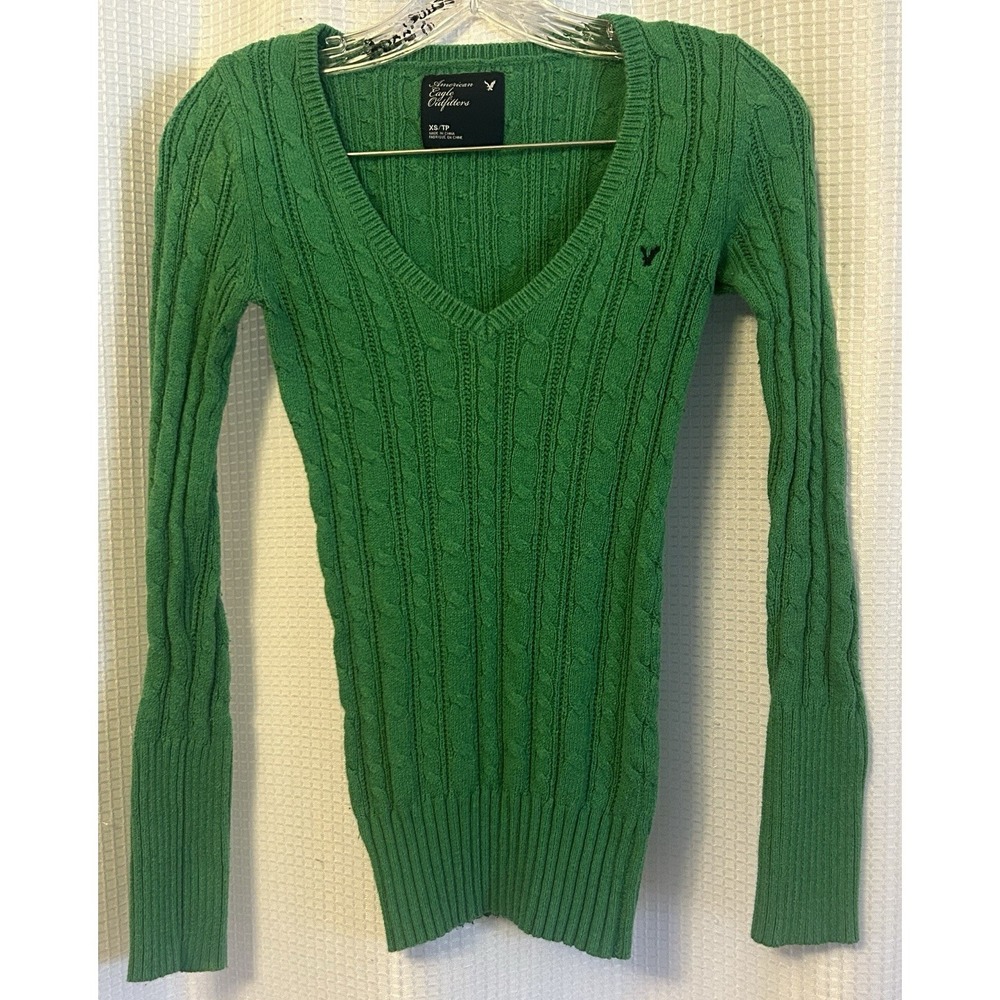 Y2K Vintage American Eagle Sweater Cable Knit Long Sleeve V Neck Green XS